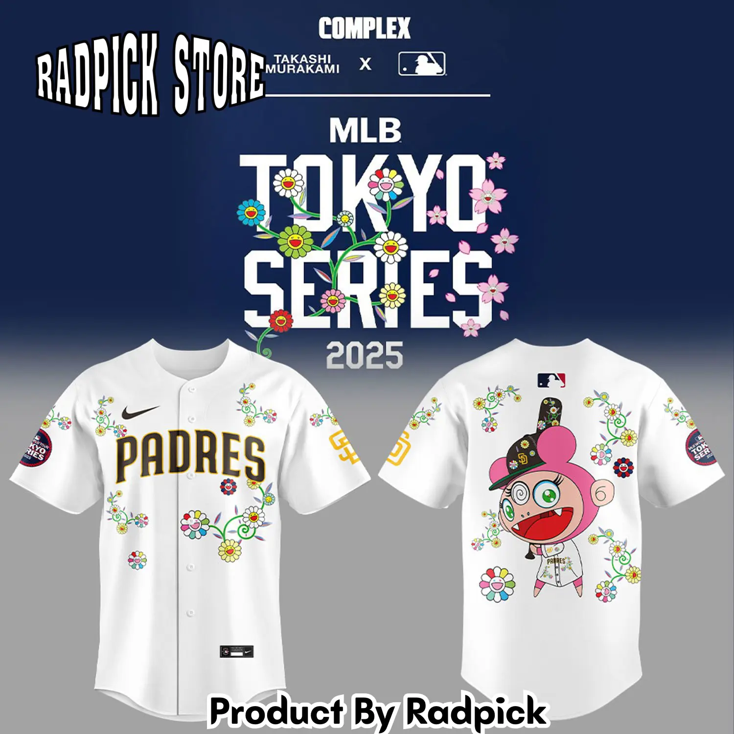 Radpick san diego padres takashi murakami x mlb world tour tokyo series whrite flower baseball jersey rp127169